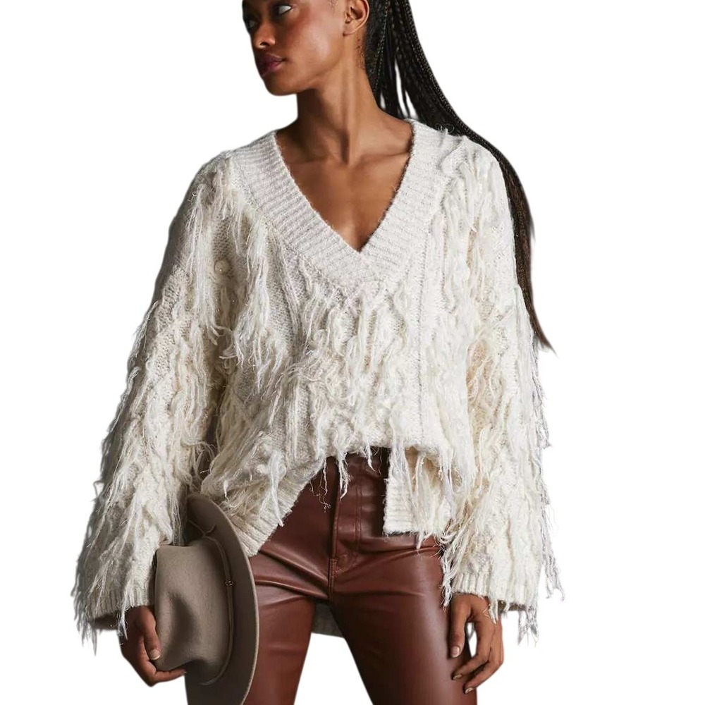Anthropologie Fringed Sweater Womens S Ivory Cream Metallic Chunky Cable Knit